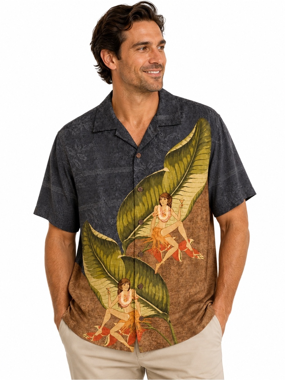 Tommy Bahama 100% Silk Hawaiian Shirt Mens M Relaxed Fit Hula Girl Tropical Camp